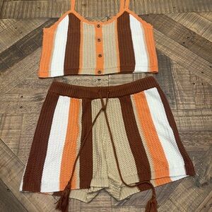 Almost Famous Striped Knit Crop Top & Shorts Set in Brown, Cream, White